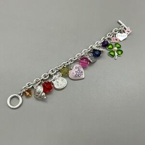 Sweet 16 Bracelet Silver Tone Charm Multicolor Beads Heart Clover Birthday 8.25"